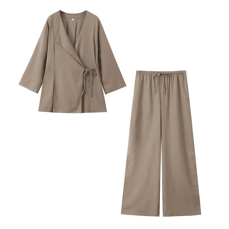 Jazz | Women's Co-ord Set – Wrap Kimono and Pants Ensemble Light Brown