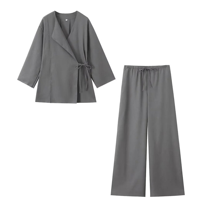 Jazz | Women's Co-ord Set – Wrap Kimono and Pants Ensemble Gray