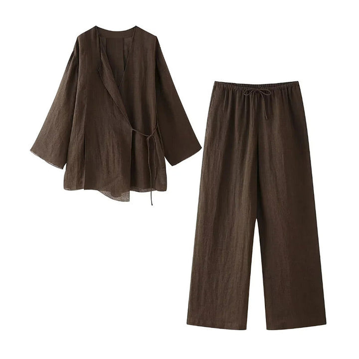 Jazz | Women's Co-ord Set – Wrap Kimono and Pants Ensemble Dark Brown