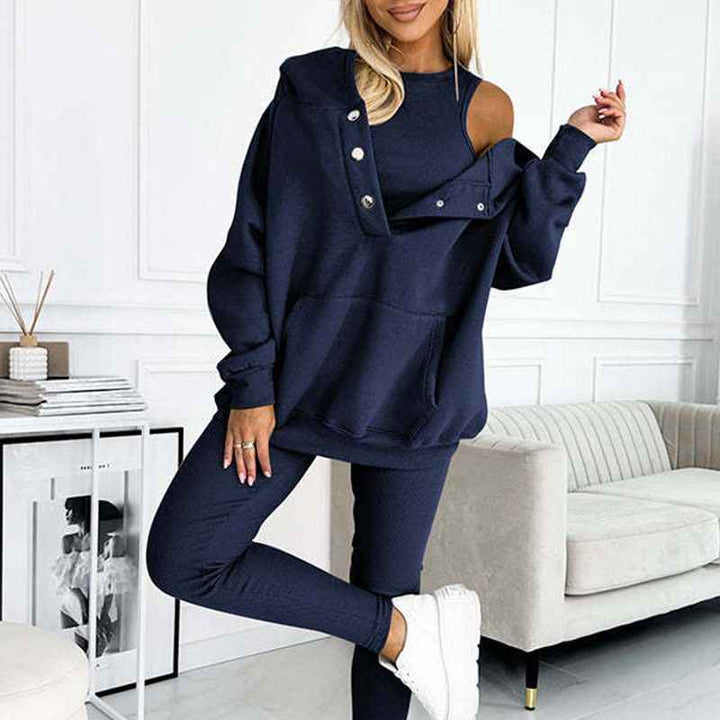 Women's Cozy Loungewear Set – Hoodie with Pocket & High-Waisted Leggings – Soft Fabric Dark Blue