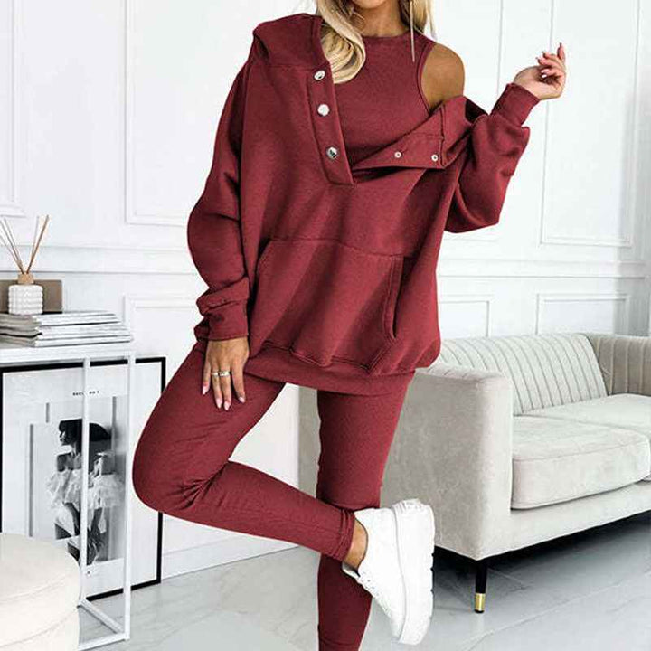 Women's Cozy Loungewear Set – Hoodie with Pocket & High-Waisted Leggings – Soft Fabric Burgundy