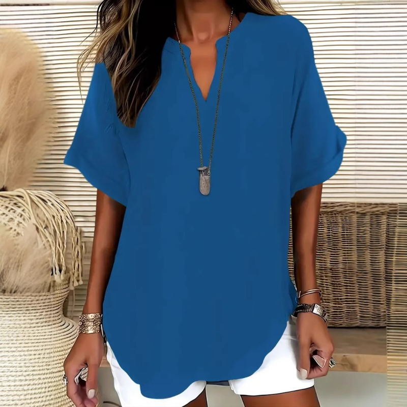 Women's Stylish Mid Sleeve V-Neck Blouse Light Blue
