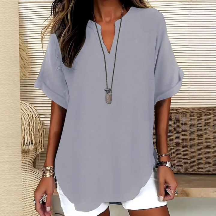 Women's Stylish Mid Sleeve V-Neck Blouse Gray