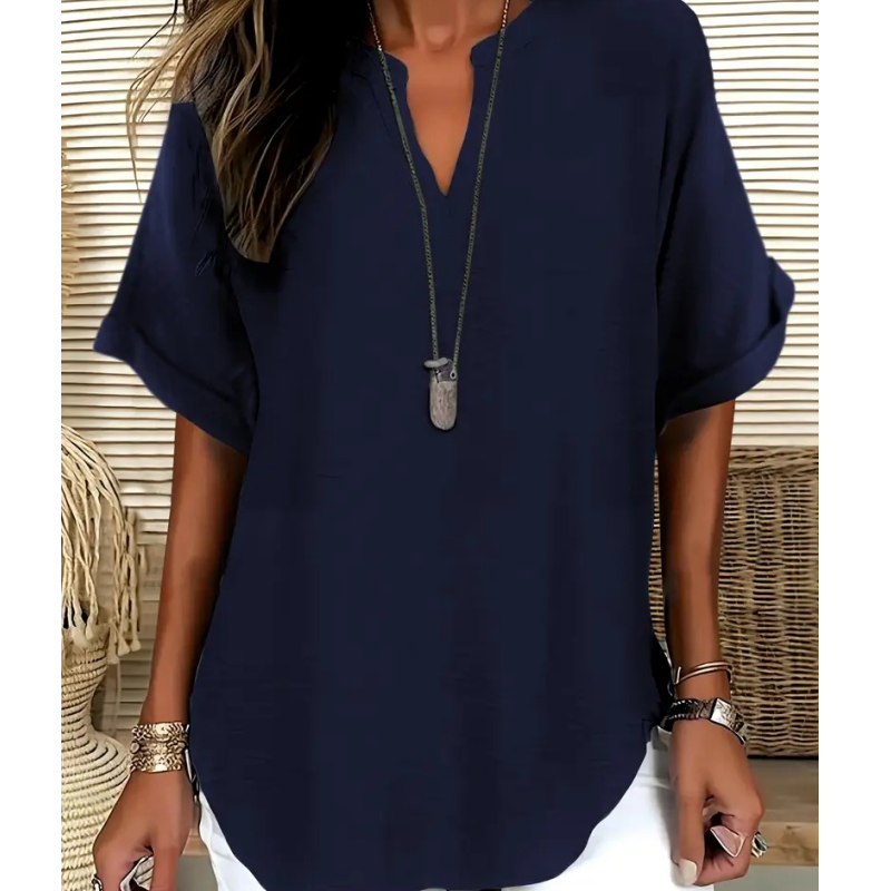 Women's Stylish Mid Sleeve V-Neck Blouse Navy Blue