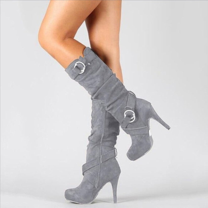 Women's High Heel Boots with Buckle and Ankle Strap Design Grey