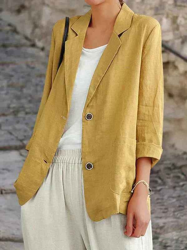 Women's Linen Blazer - Stylish and Lightweight Yellow