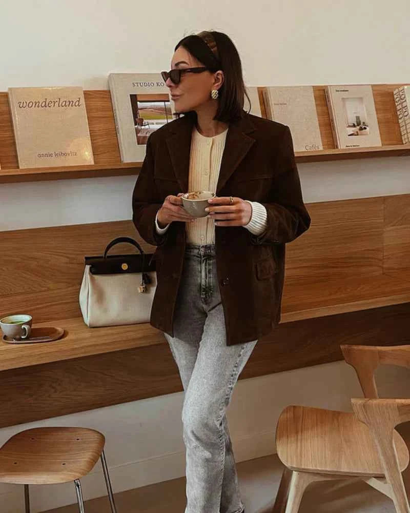 Women's Suede Blazer - Stylish and Chic Outerwear Brown
