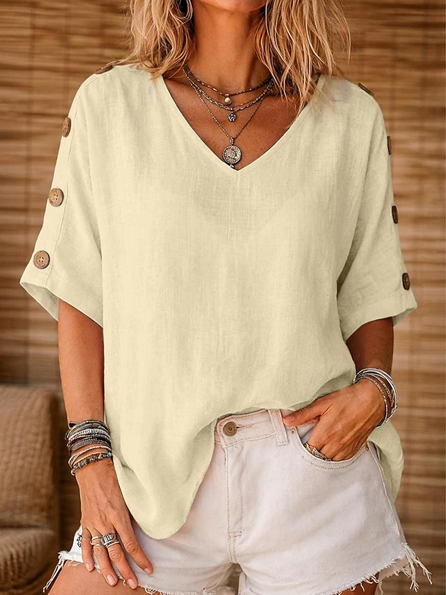 Women's Relaxed Button-Sleeve Blouse Yellow