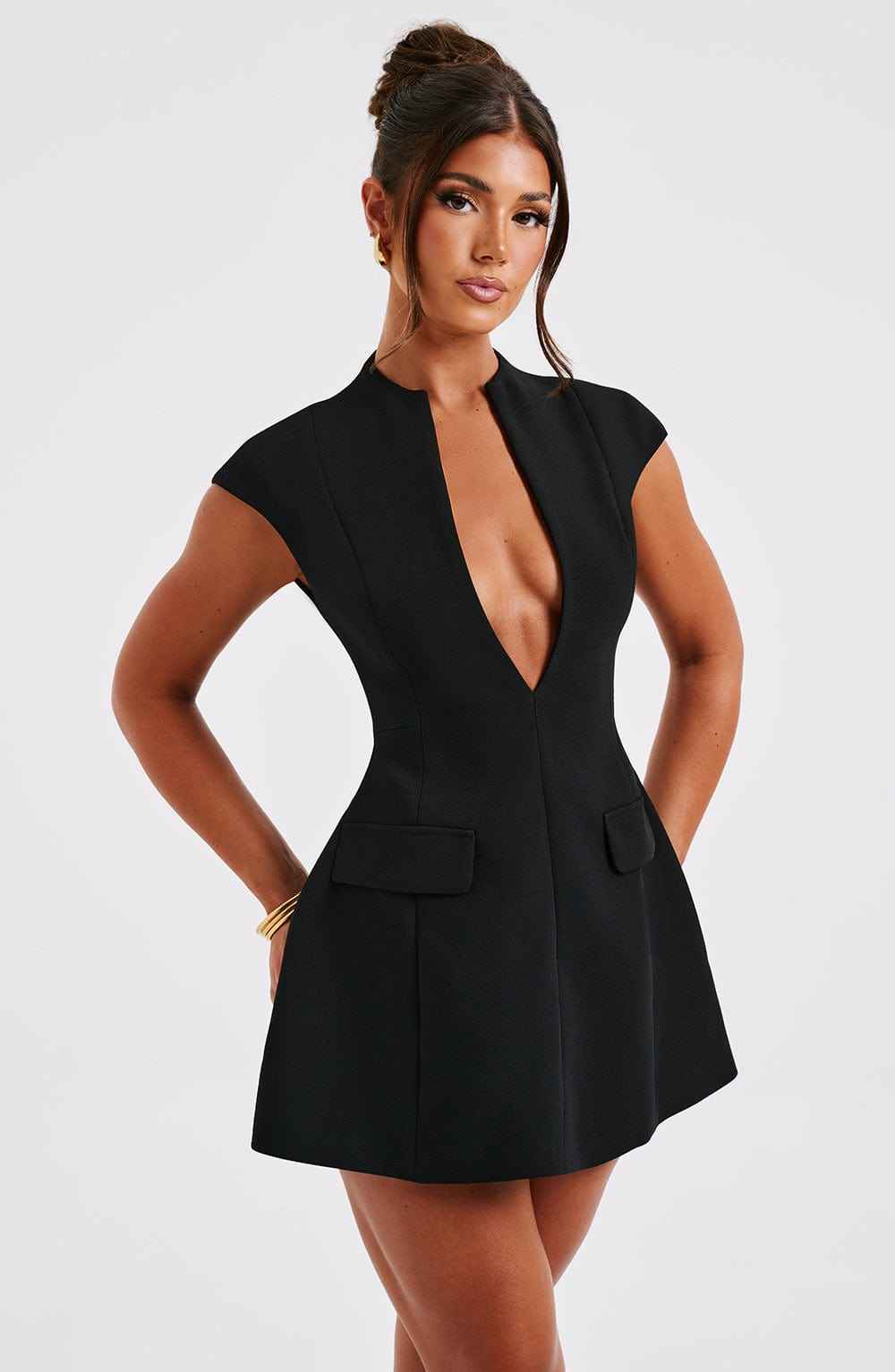 Women's Elegant Mini Fit & Flare Dress - Low Neckline & Short Sleeves for Evening Wear