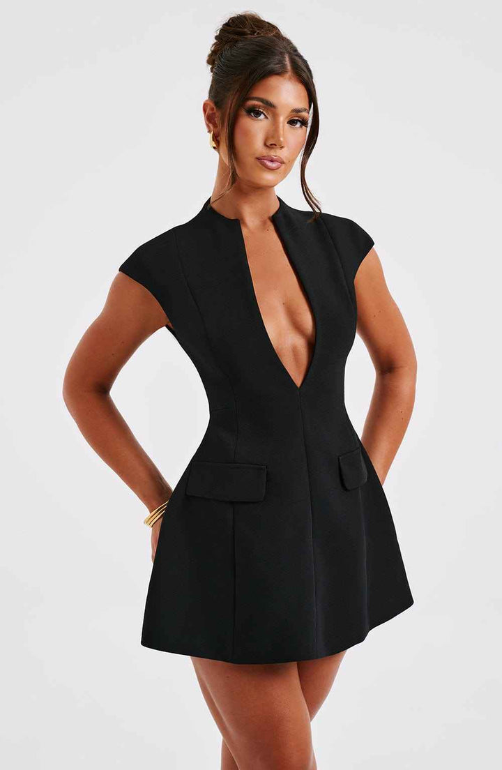 Women's Elegant Mini Fit & Flare Dress - Low Neckline & Short Sleeves for Evening Wear