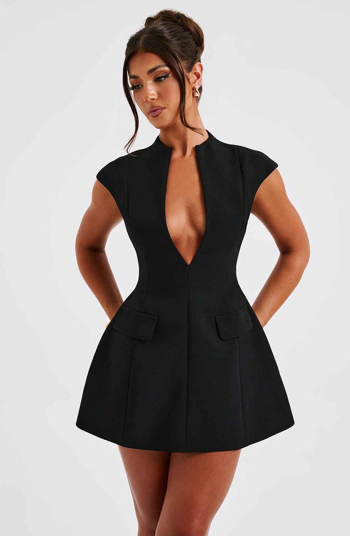 Women's Elegant Mini Fit & Flare Dress - Low Neckline & Short Sleeves for Evening Wear