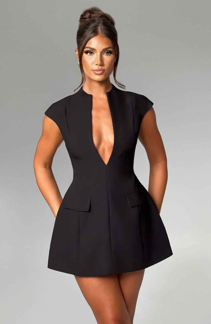 Women's Elegant Mini Fit & Flare Dress - Low Neckline & Short Sleeves for Evening Wear
