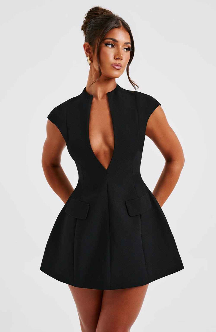 Women's Elegant Mini Fit & Flare Dress - Low Neckline & Short Sleeves for Evening Wear