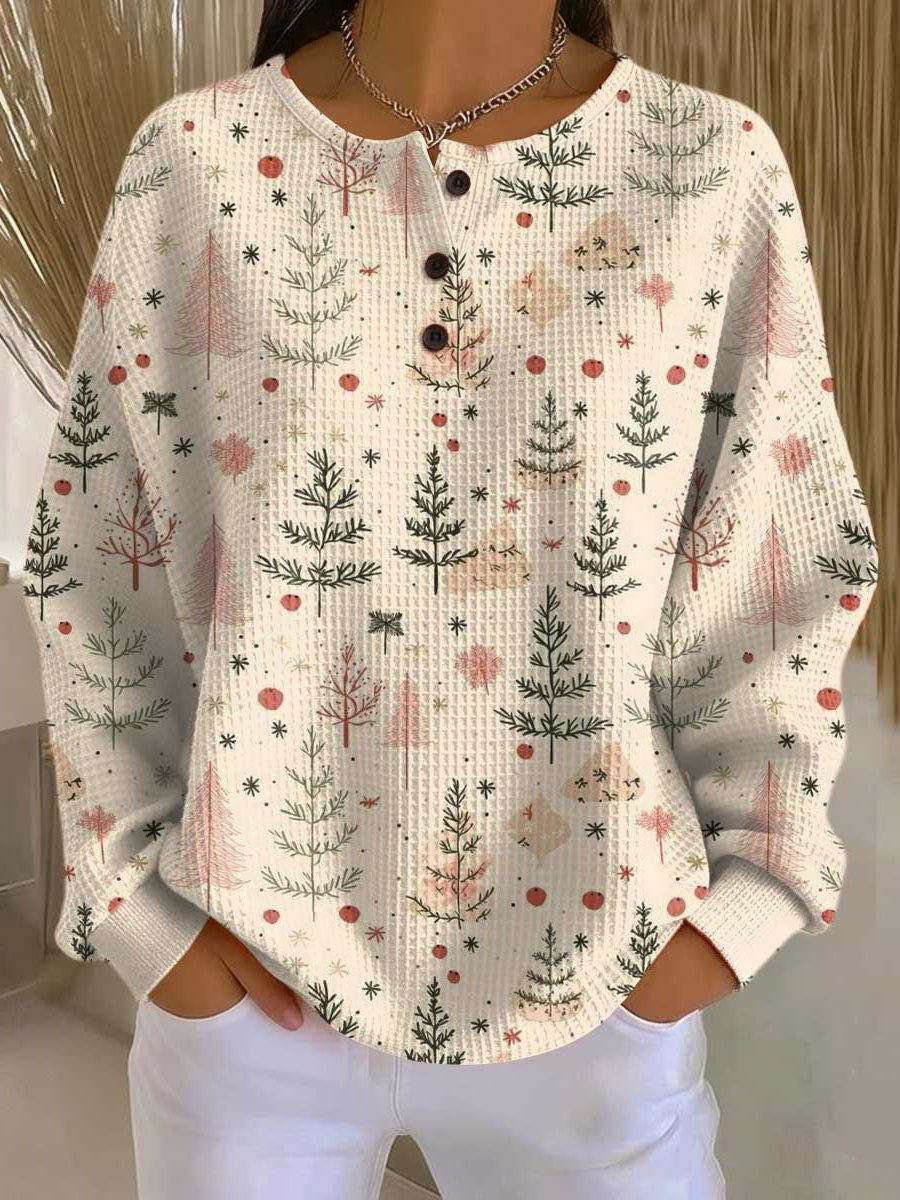 Women's Printed Fleece Pullover Sweater Beige