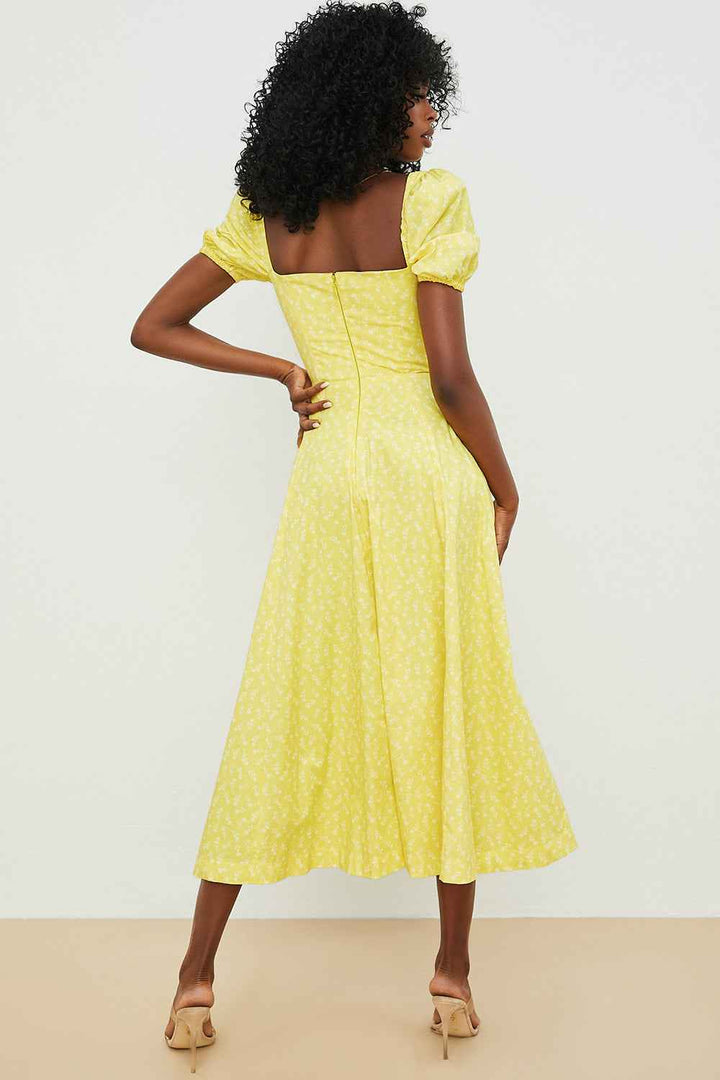 Women's A-Line Midi Dress with Ruched Top, Puff Sleeves, and Breathable Fabric