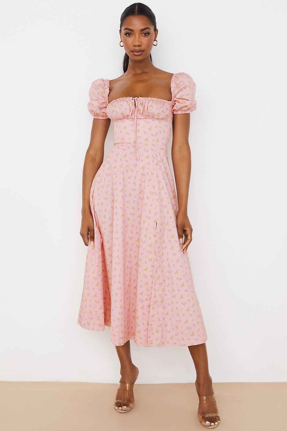 Women's A-Line Midi Dress with Ruched Top, Puff Sleeves, and Breathable Fabric