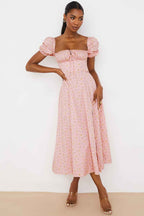 Women's A-Line Midi Dress with Ruched Top, Puff Sleeves, and Breathable Fabric Light Pink