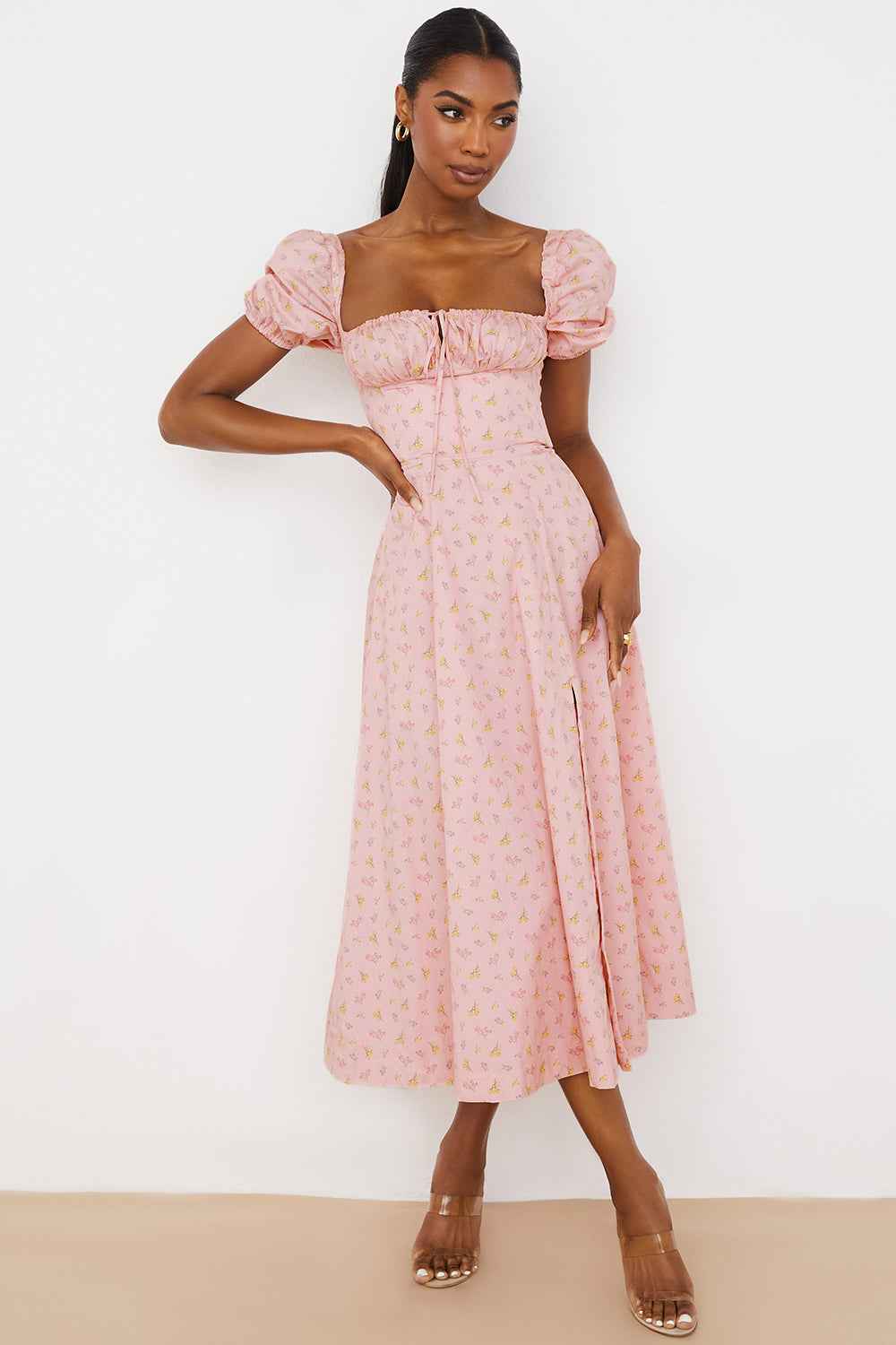Women's A-Line Midi Dress with Ruched Top, Puff Sleeves, and Breathable Fabric Light Pink