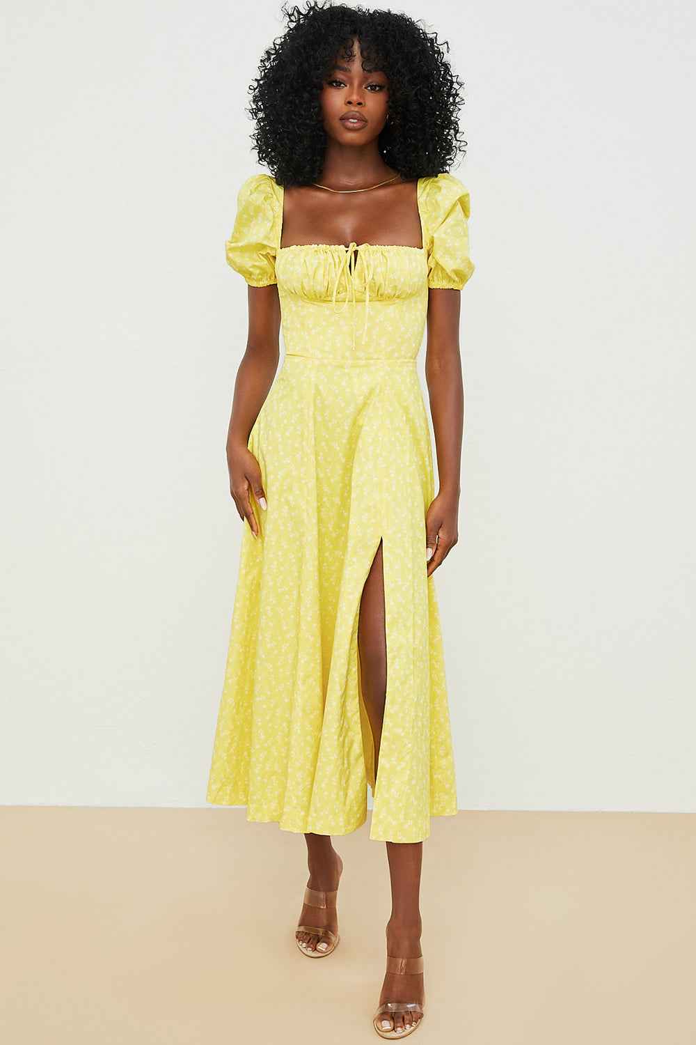 Women's A-Line Midi Dress with Ruched Top, Puff Sleeves, and Breathable Fabric Yellow