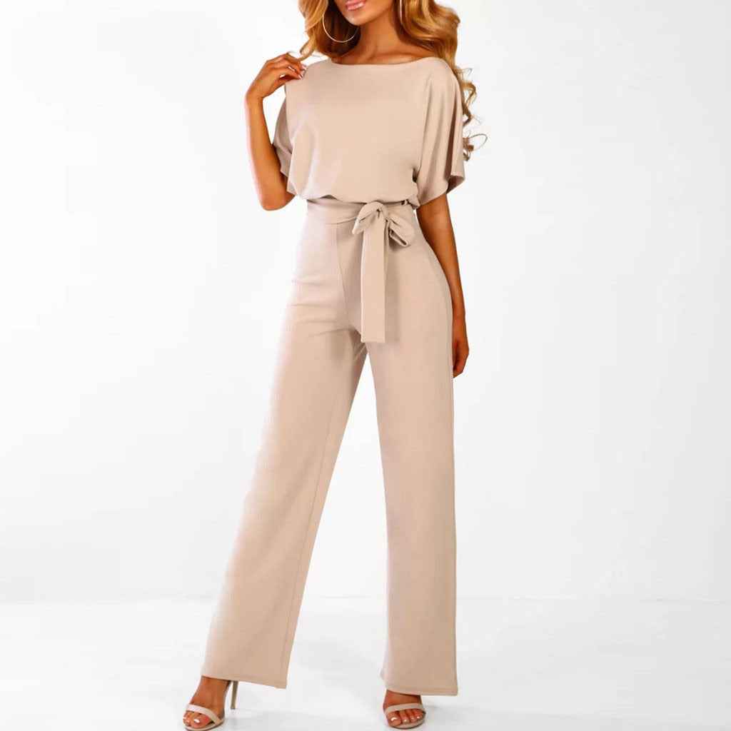 Women's Comfort Fit Jumpsuit – Short Sleeves, Wide Legs, Waist Belt Beige