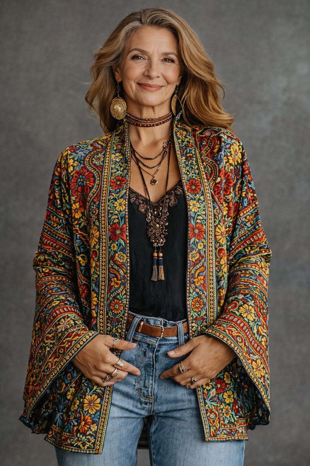 Women's Tapestry Velvet-Touch Long Cardigan Bohemian Multi