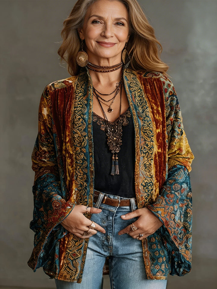 Women's Tapestry Velvet-Touch Long Cardigan Burgundy