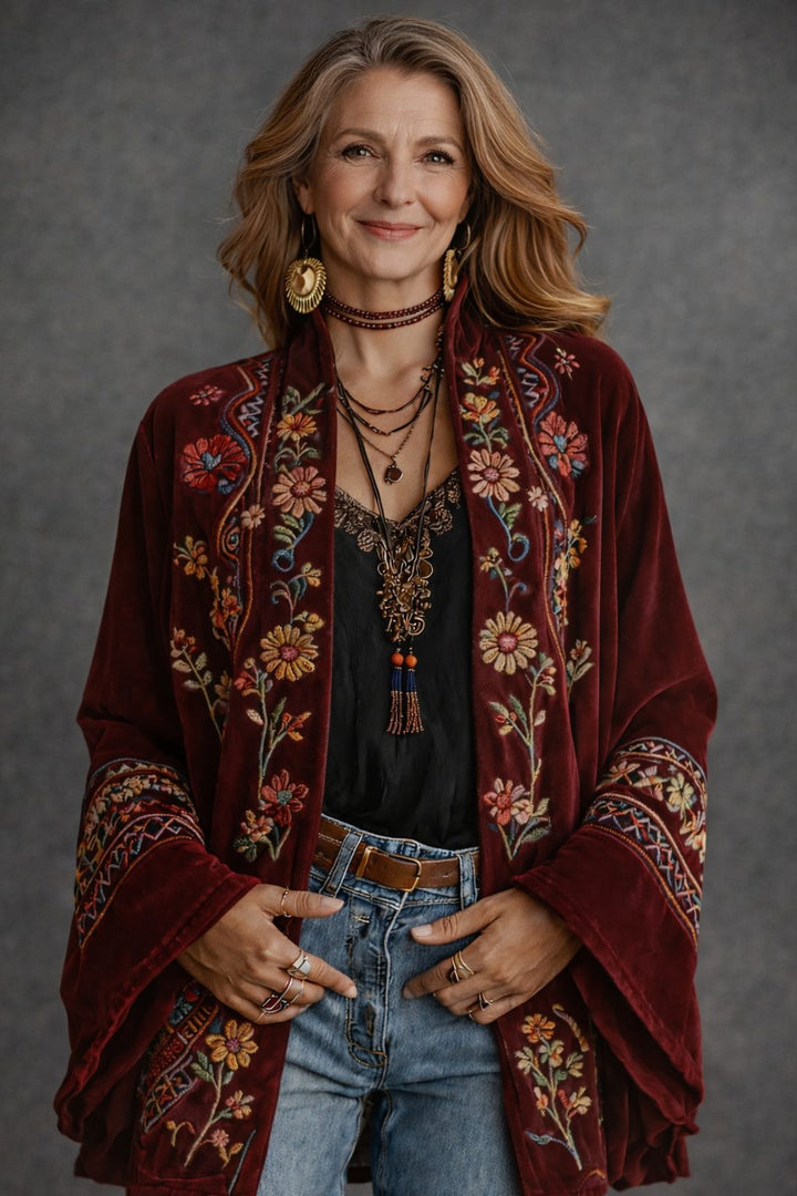 Women's Tapestry Velvet-Touch Long Cardigan Burgundy Floral