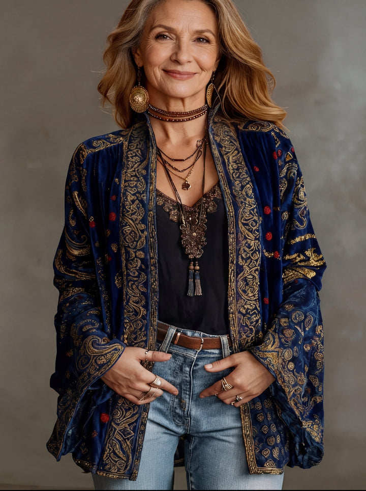 Women's Tapestry Velvet-Touch Long Cardigan Midnight Blue
