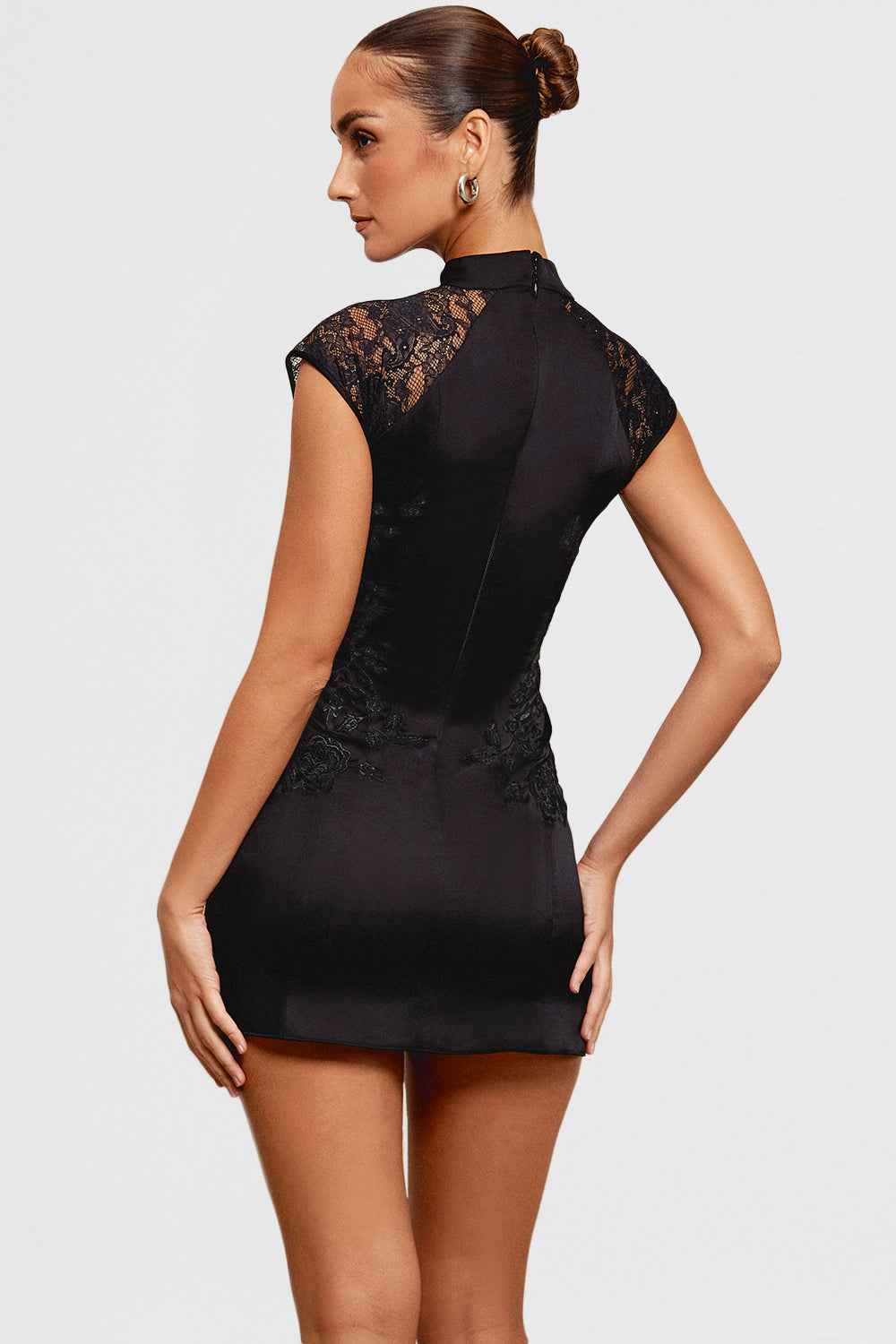 Women's Slim Fit Mini Dress – Shiny Luxury Fabric with Lace Details and Cap Sleeves