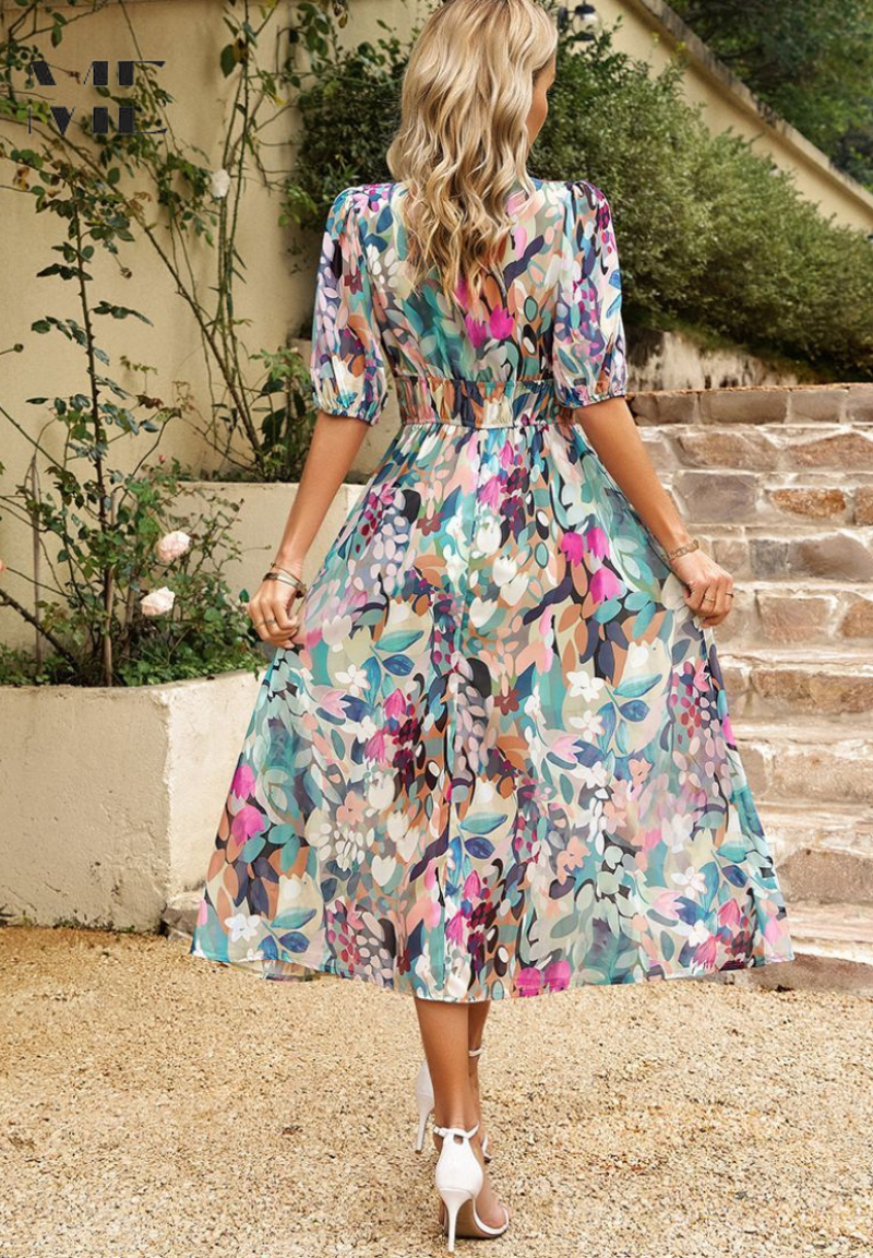 Theresa | Women's V-Neck A-Line Midi Dress
