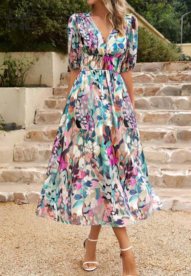 Theresa | Women's V-Neck A-Line Midi Dress