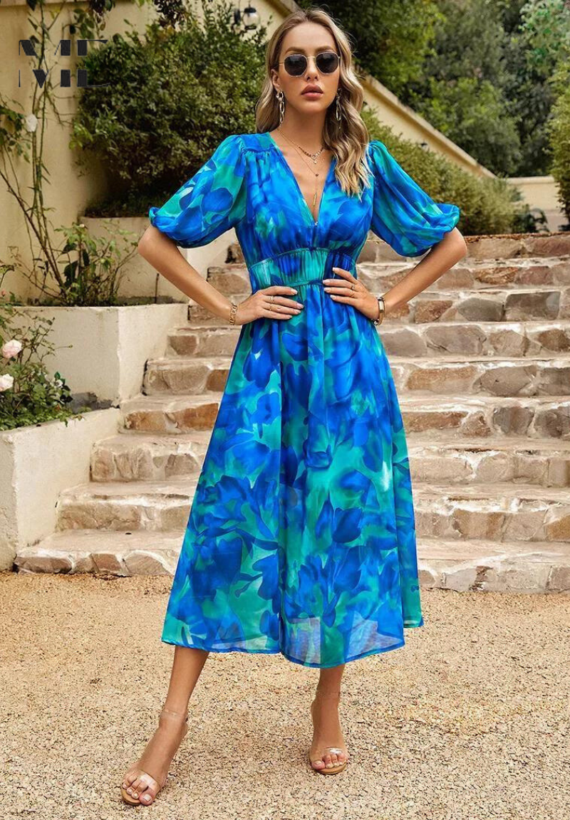 Theresa | Women's V-Neck A-Line Midi Dress Blue