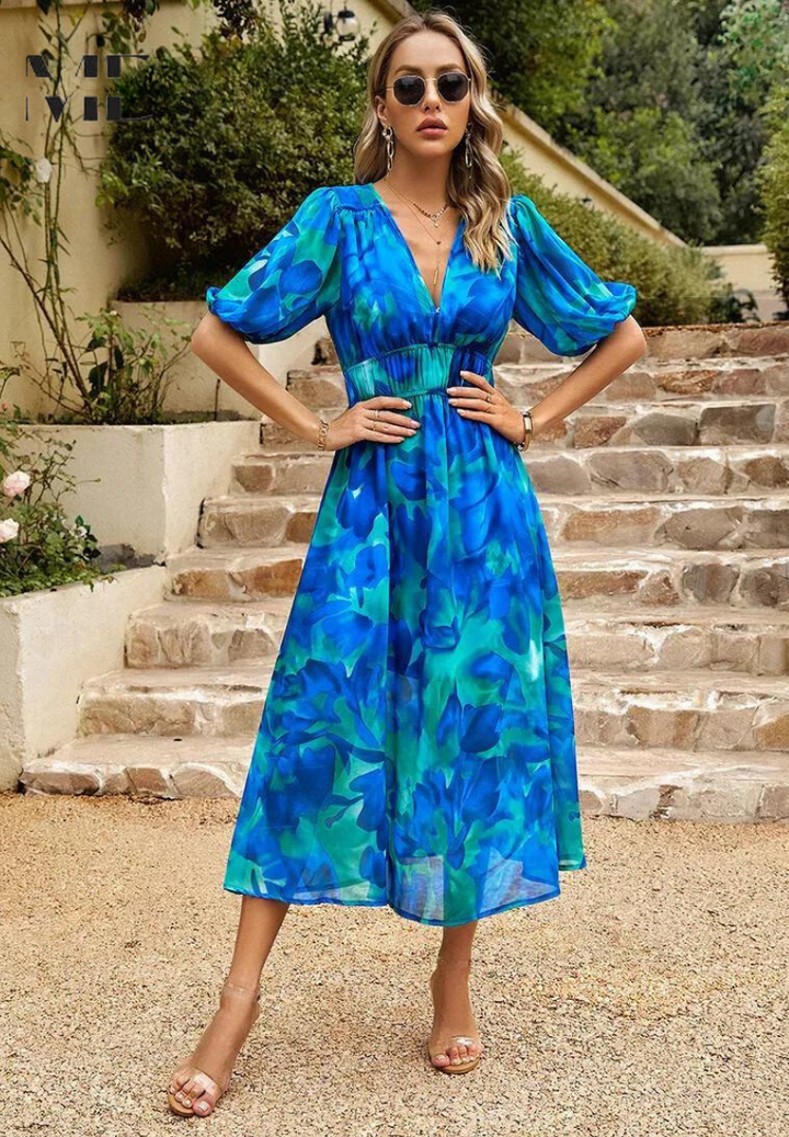 Theresa | Women's V-Neck A-Line Midi Dress Blue