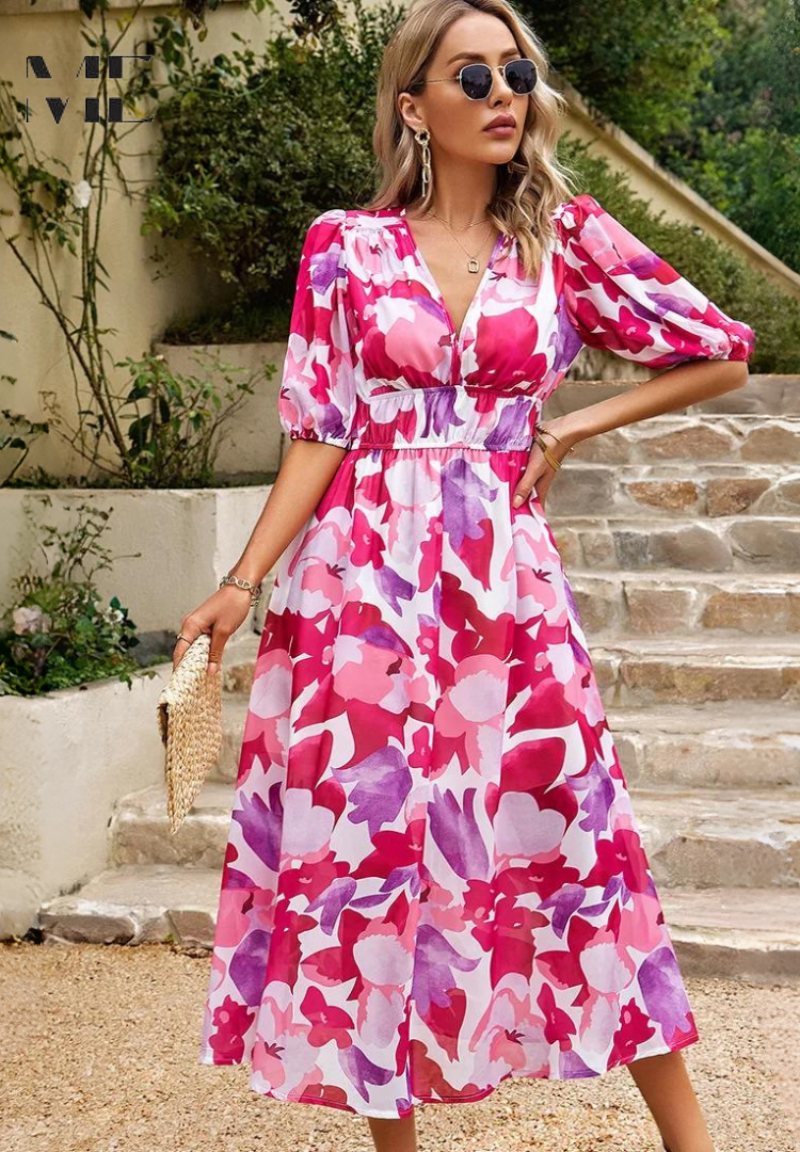 Theresa | Women's V-Neck A-Line Midi Dress Pink
