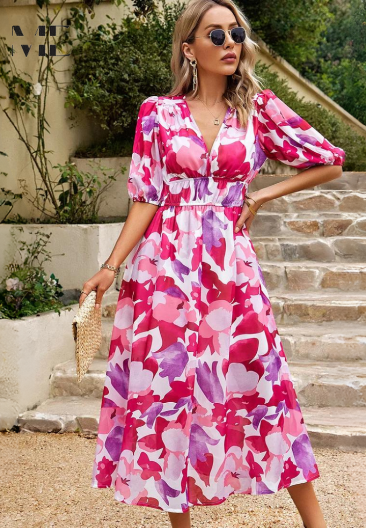 Theresa | Women's V-Neck A-Line Midi Dress Pink
