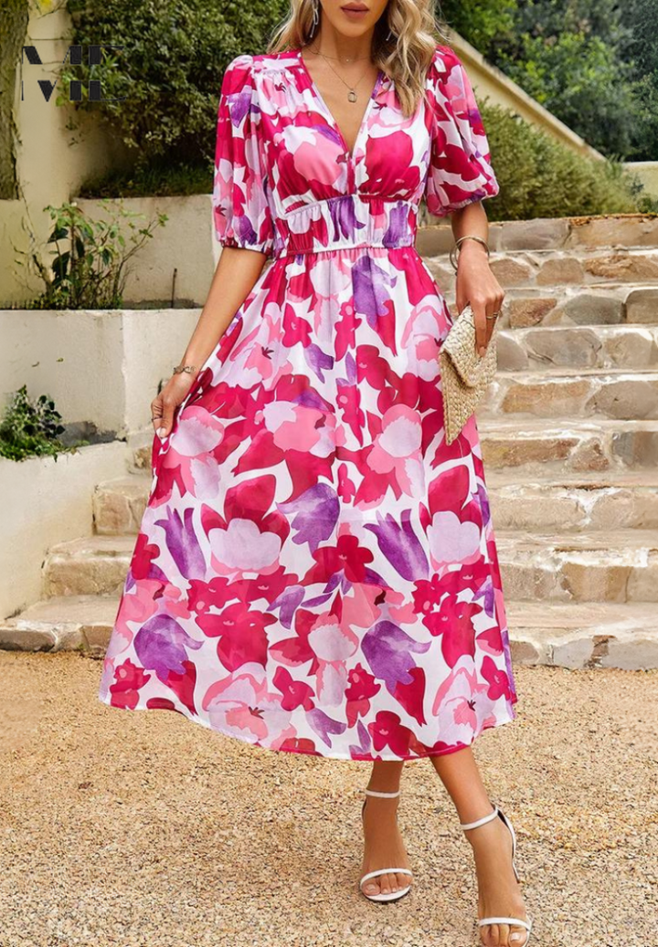 Theresa | Women's V-Neck A-Line Midi Dress