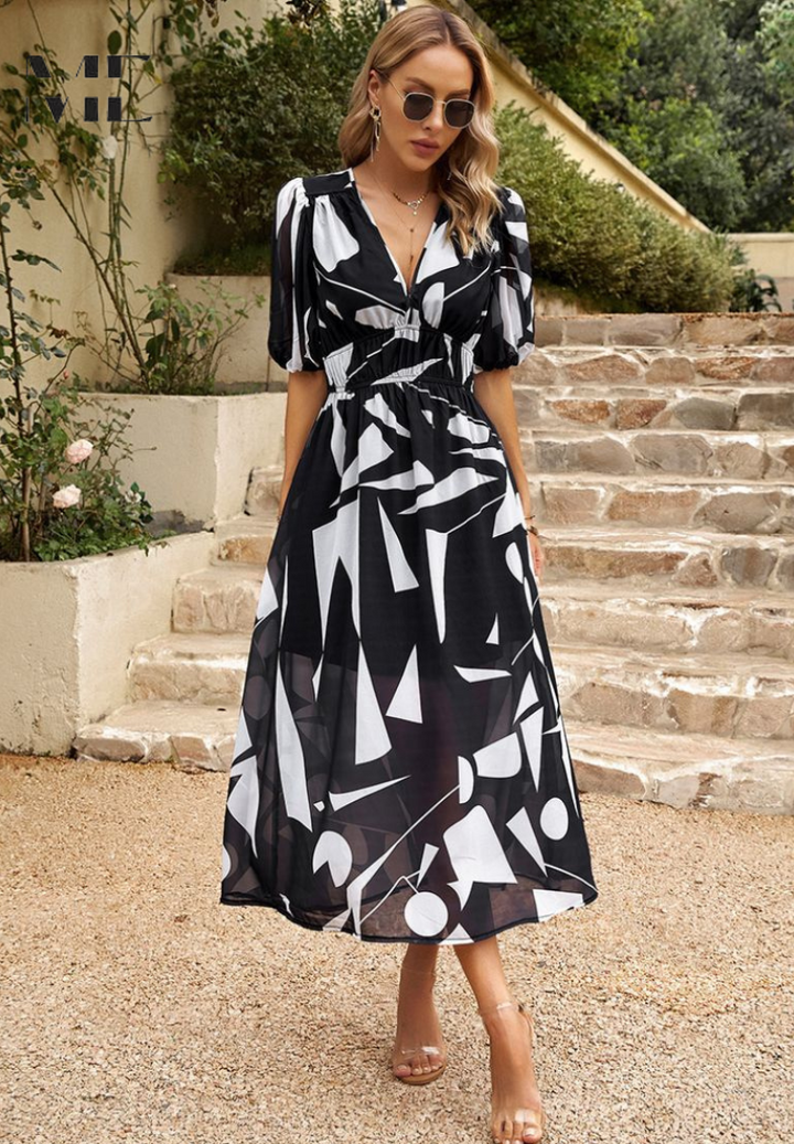 Theresa | Women's V-Neck A-Line Midi Dress Black