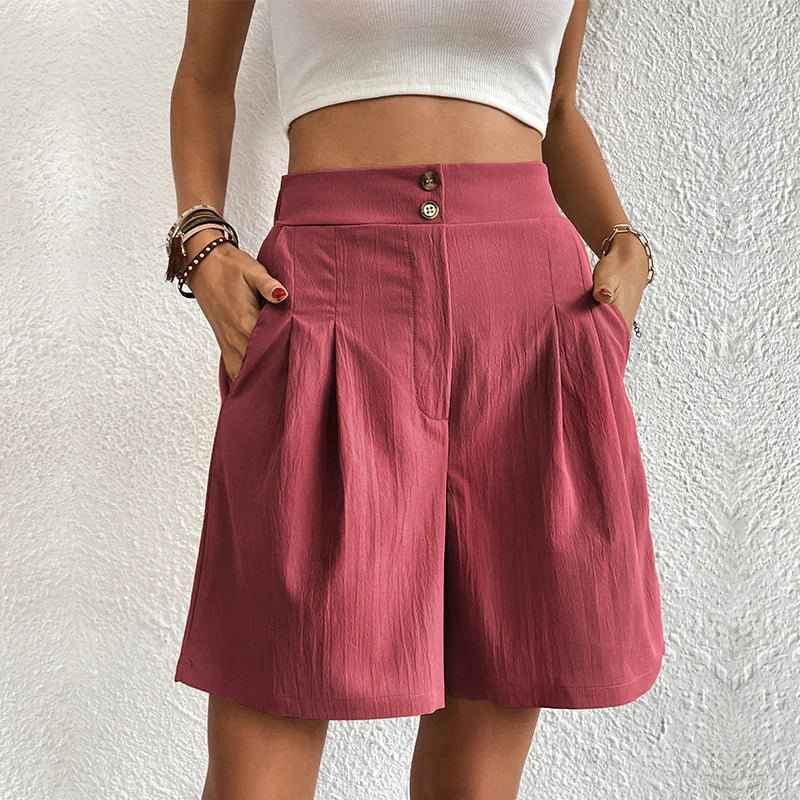 Women's High Waist Pleated Front Shorts with Button Closure Pink
