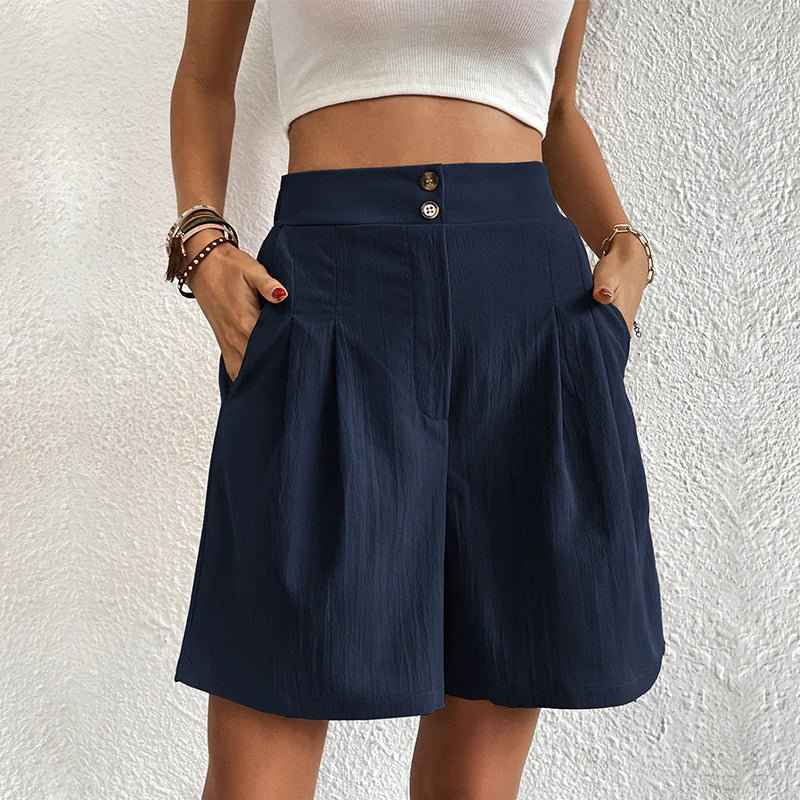 Women's High Waist Pleated Front Shorts with Button Closure Blue