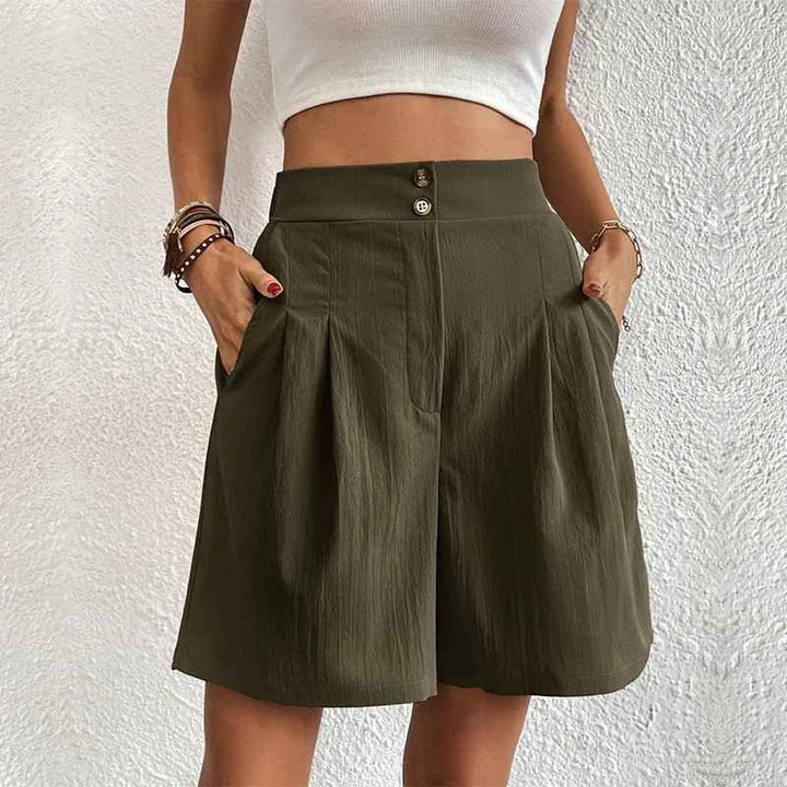 Women's High Waist Pleated Front Shorts with Button Closure Green