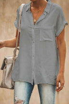 Women's Short Sleeve Blouse – Relaxed Fit – Breathable Fabric – Button Closure – Chest Pocket Grey