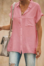 Women's Short Sleeve Blouse – Relaxed Fit – Breathable Fabric – Button Closure – Chest Pocket Pink