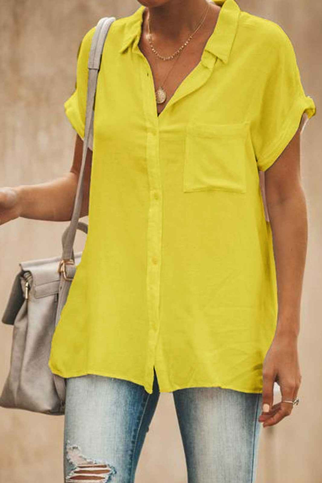 Women's Short Sleeve Blouse – Relaxed Fit – Breathable Fabric – Button Closure – Chest Pocket Yellow XXL
