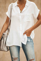 Women's Short Sleeve Blouse – Relaxed Fit – Breathable Fabric – Button Closure – Chest Pocket White