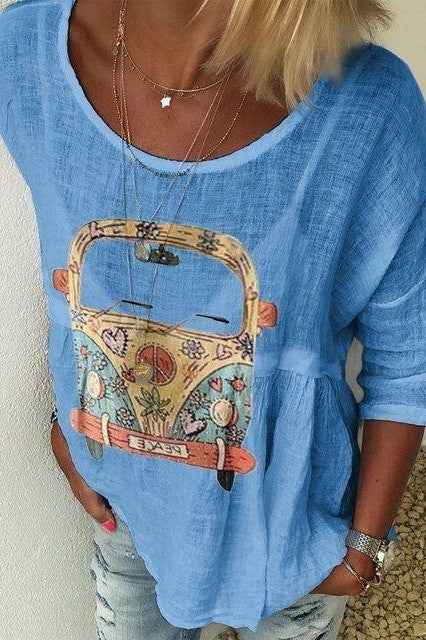 Women's Bohemian Print Shirt – Relaxed Fit – Round Neck – Half Sleeve Blue