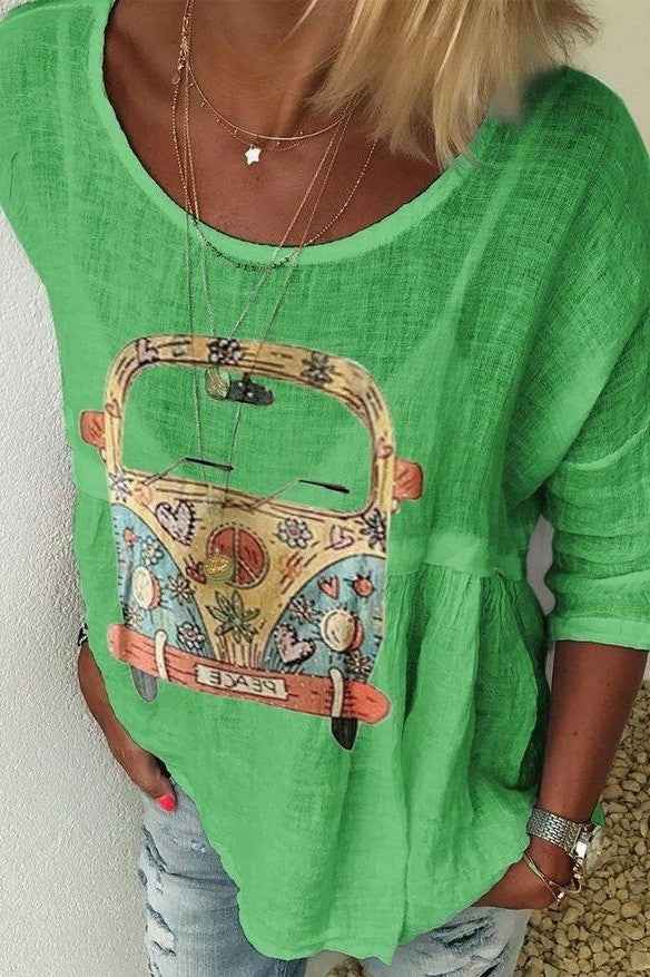 Women's Bohemian Print Shirt – Relaxed Fit – Round Neck – Half Sleeve Green