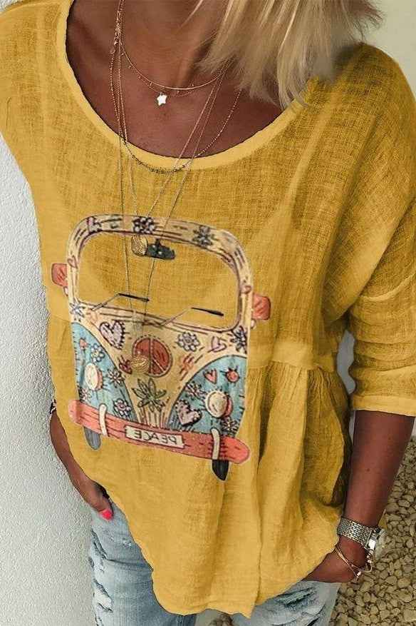 Women's Bohemian Print Shirt – Relaxed Fit – Round Neck – Half Sleeve Yellow