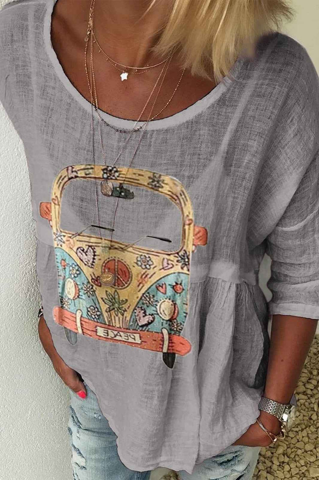 Women's Bohemian Print Shirt – Relaxed Fit – Round Neck – Half Sleeve Grey XXL