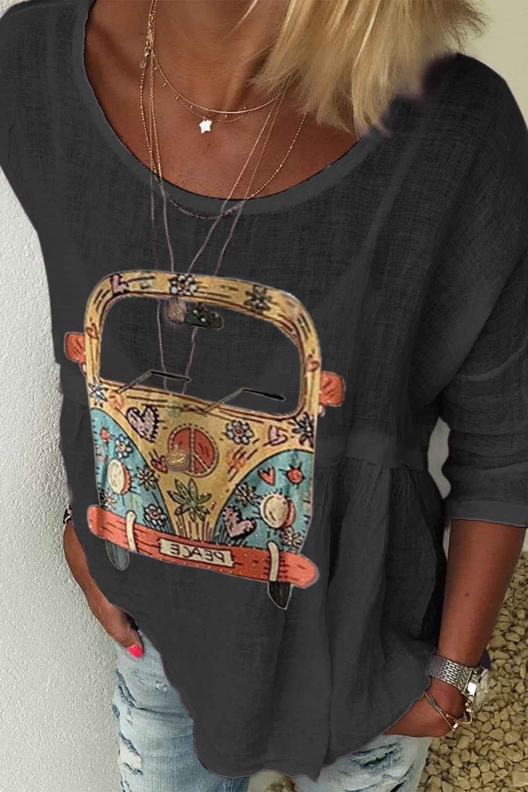Women's Bohemian Print Shirt – Relaxed Fit – Round Neck – Half Sleeve Black XXL