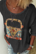 Women's Bohemian Print Shirt – Relaxed Fit – Round Neck – Half Sleeve Black XXL